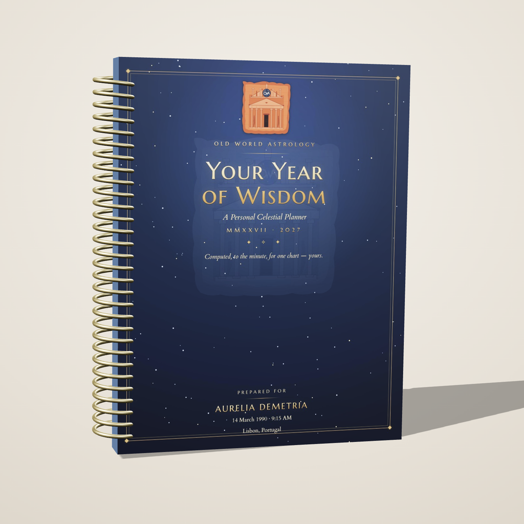 Your Year of Wisdom — the physical coil-bound 2027 astrology planner, navy and gold large-logo cover, standing on a studio surface