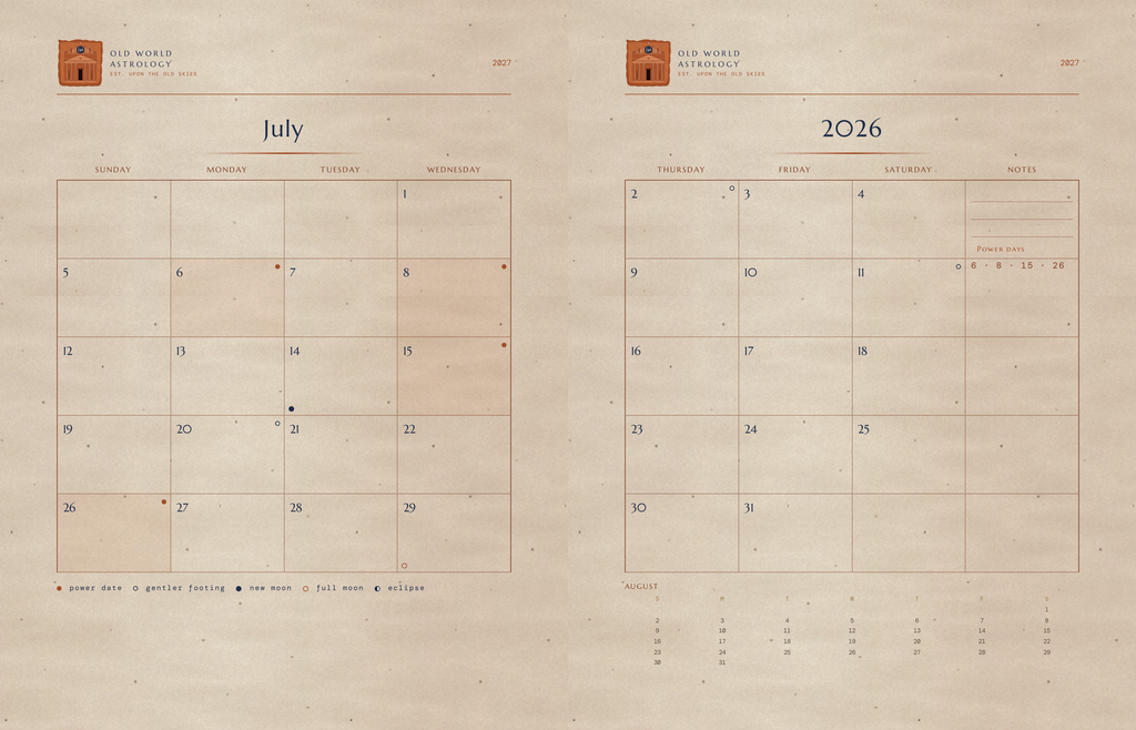Large two-page writable monthly calendar spread with room to write on every date and personalized power days listed