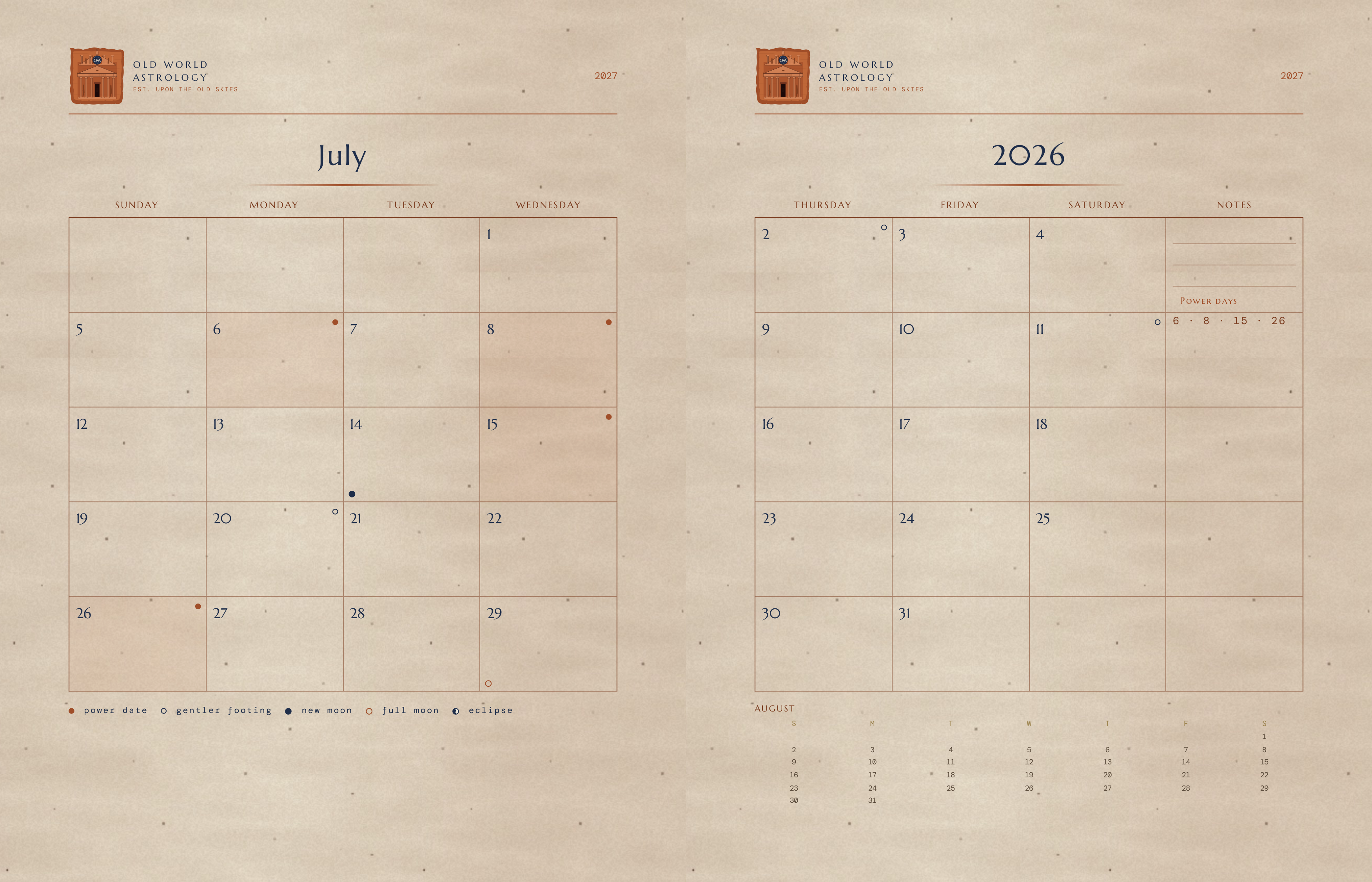Large two-page writable monthly calendar spread with room to write on every date and personalized power days listed