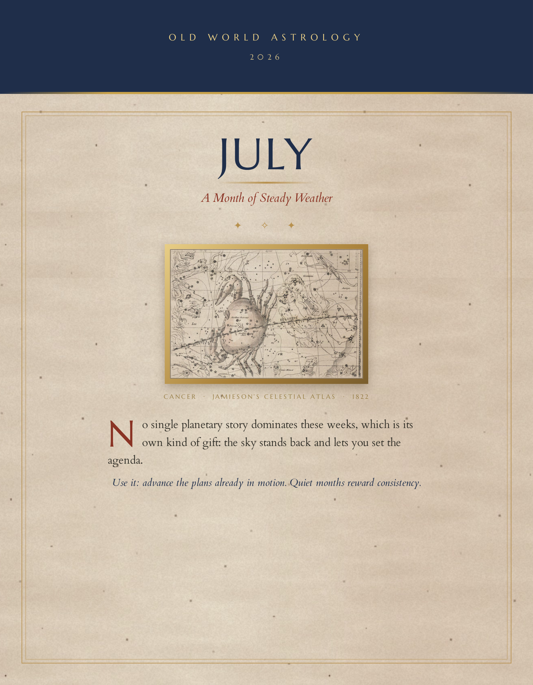 Illuminated month opener — gold lettering on a midnight sky with an antique celestial plate