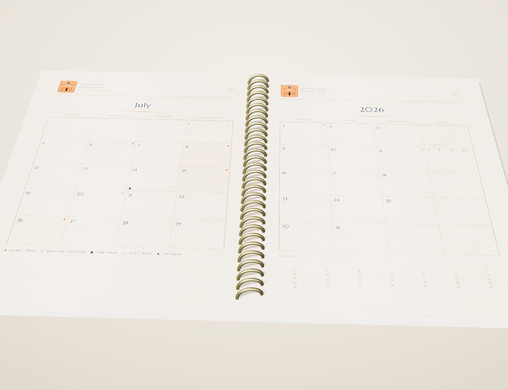 The coil planner open and lying flat to a writable two-page monthly spread, gold spiral binding down the center — a real, writable, lay-flat planner
