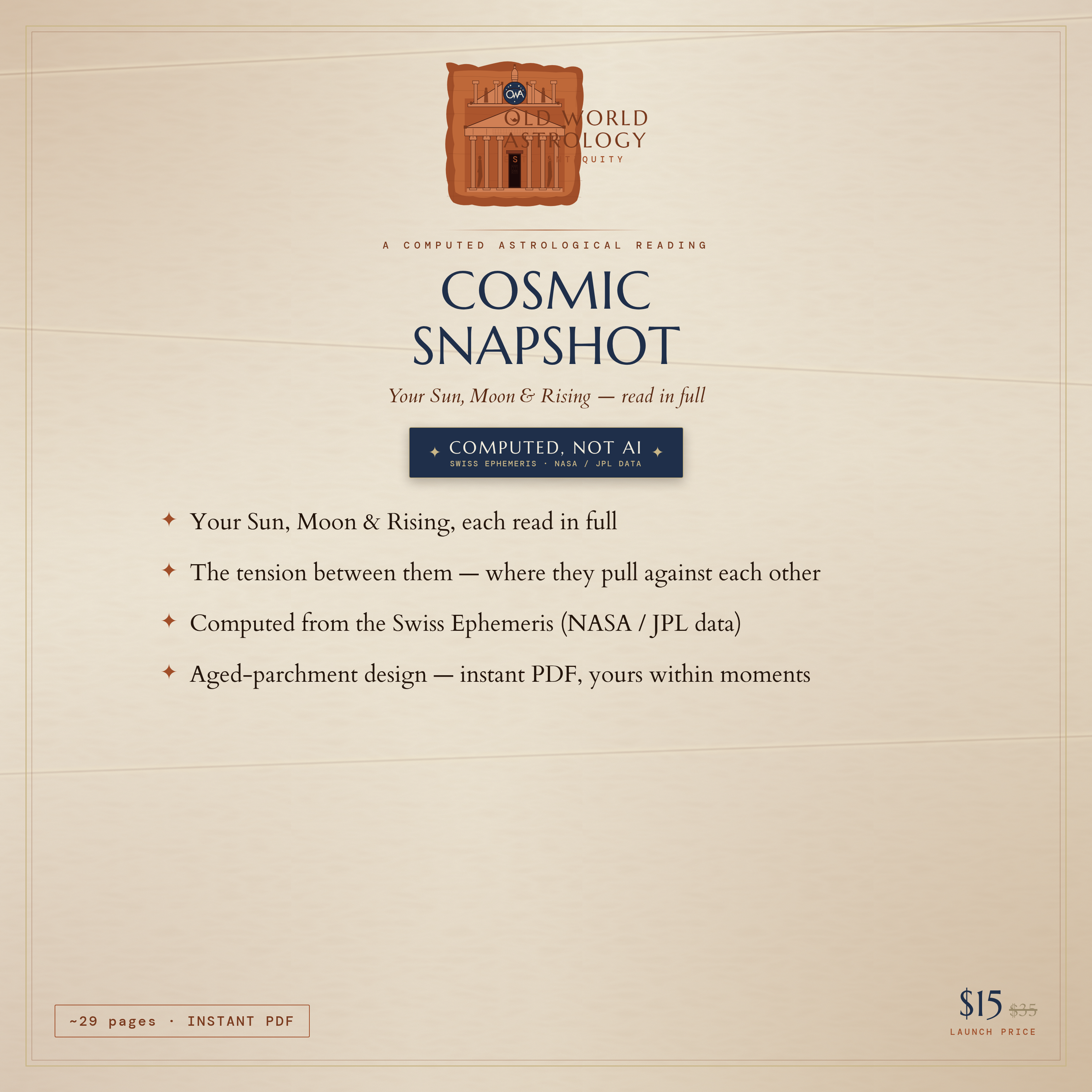 Cosmic Snapshot — computed astrology reading, ~29 pages, Swiss Ephemeris not AI