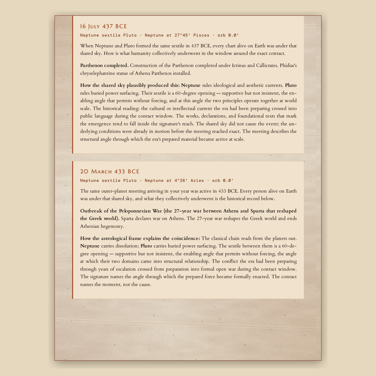 Sample page — historical echoes with their dates, the same signature centuries before