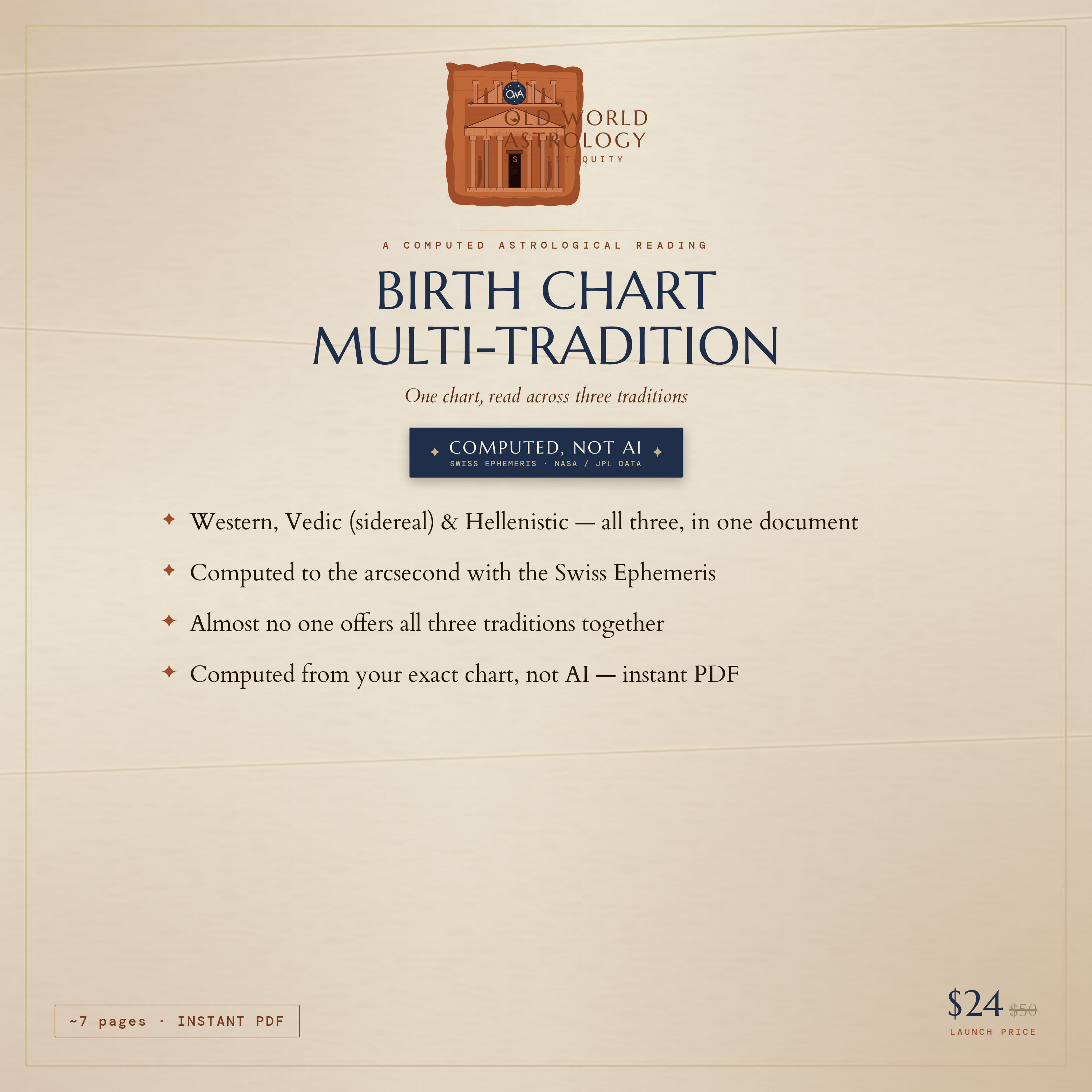 Birth Chart Multi-Tradition — Western, Vedic & Hellenistic in one document, computed to the arcsecond, not AI