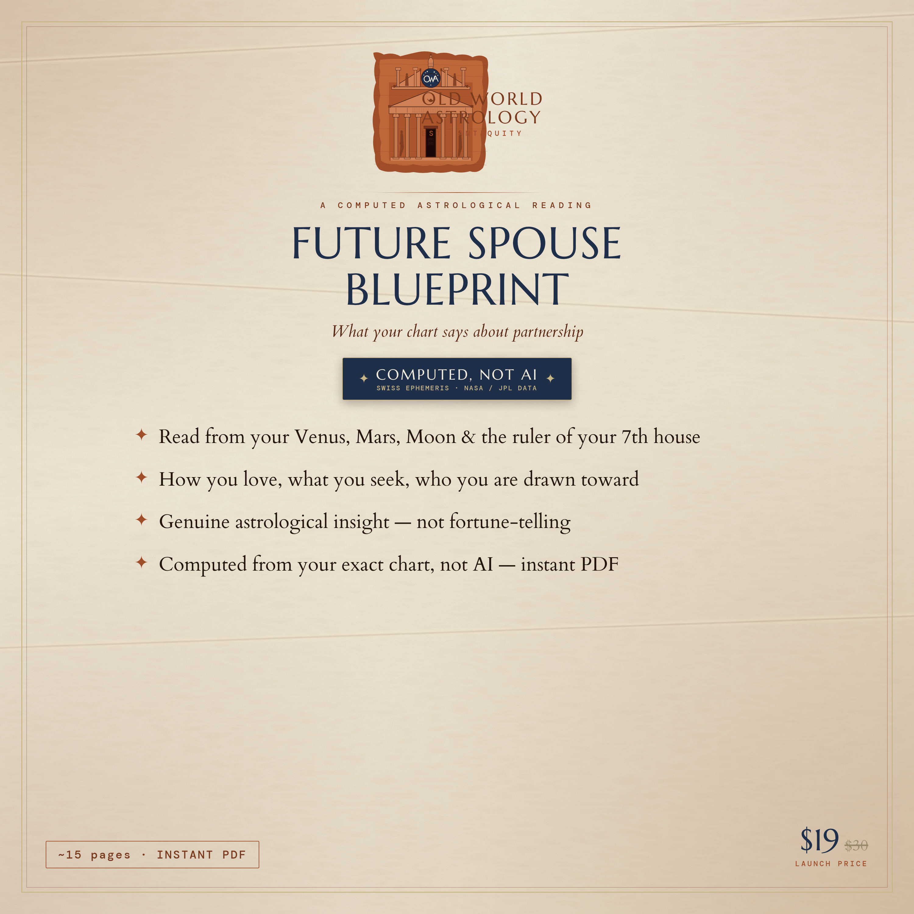 Future Spouse Blueprint — read from your Venus, Mars, Moon & 7th-house ruler, ~15 pages, computed not AI