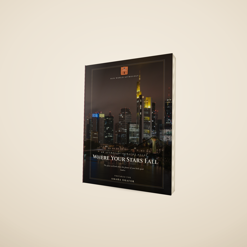 Where Your Stars Fall hardcover atlas — premium 3D mockup, three-quarter standing view of the bound book with visible spine