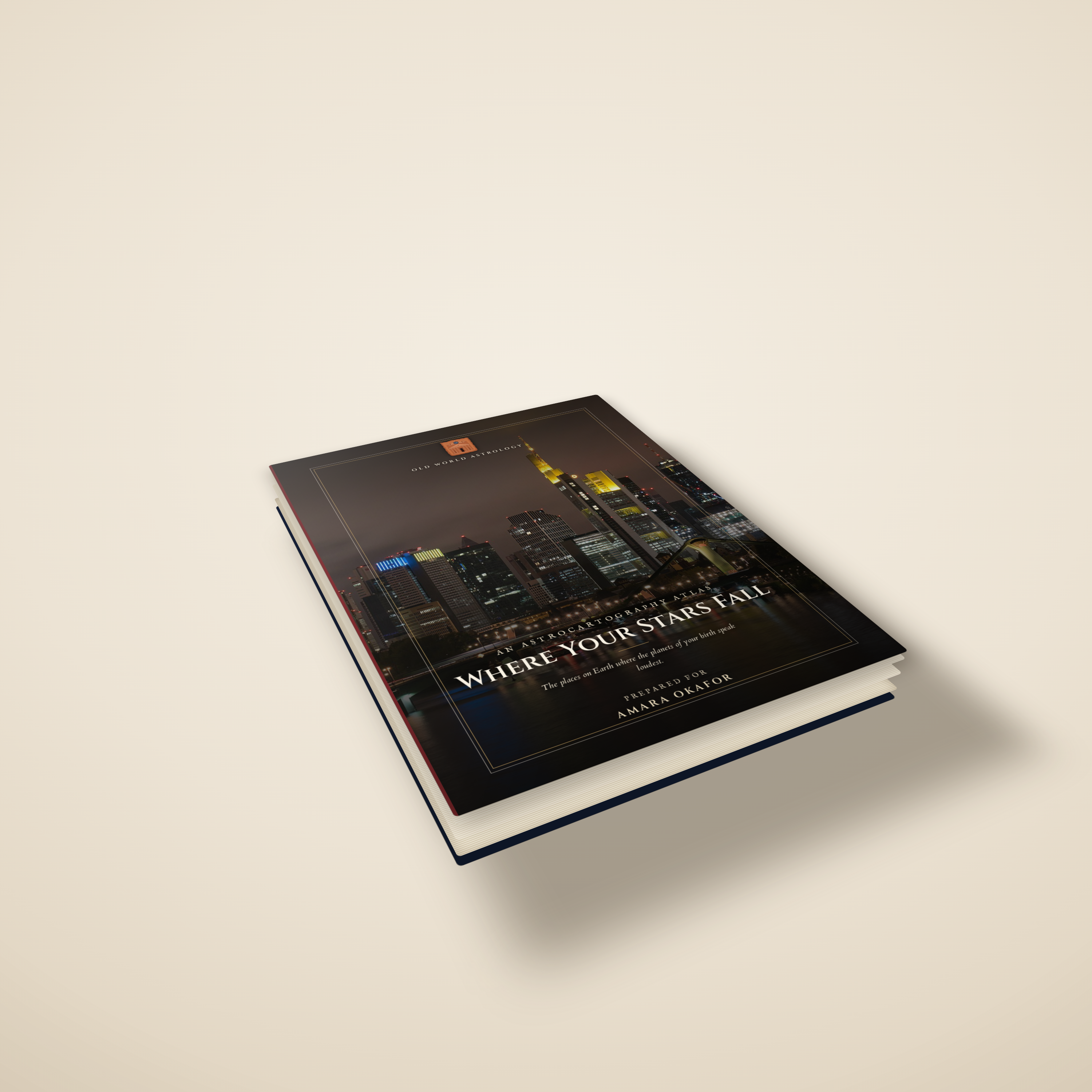 Where Your Stars Fall hardcover atlas — angled flat-lay of the closed bound book