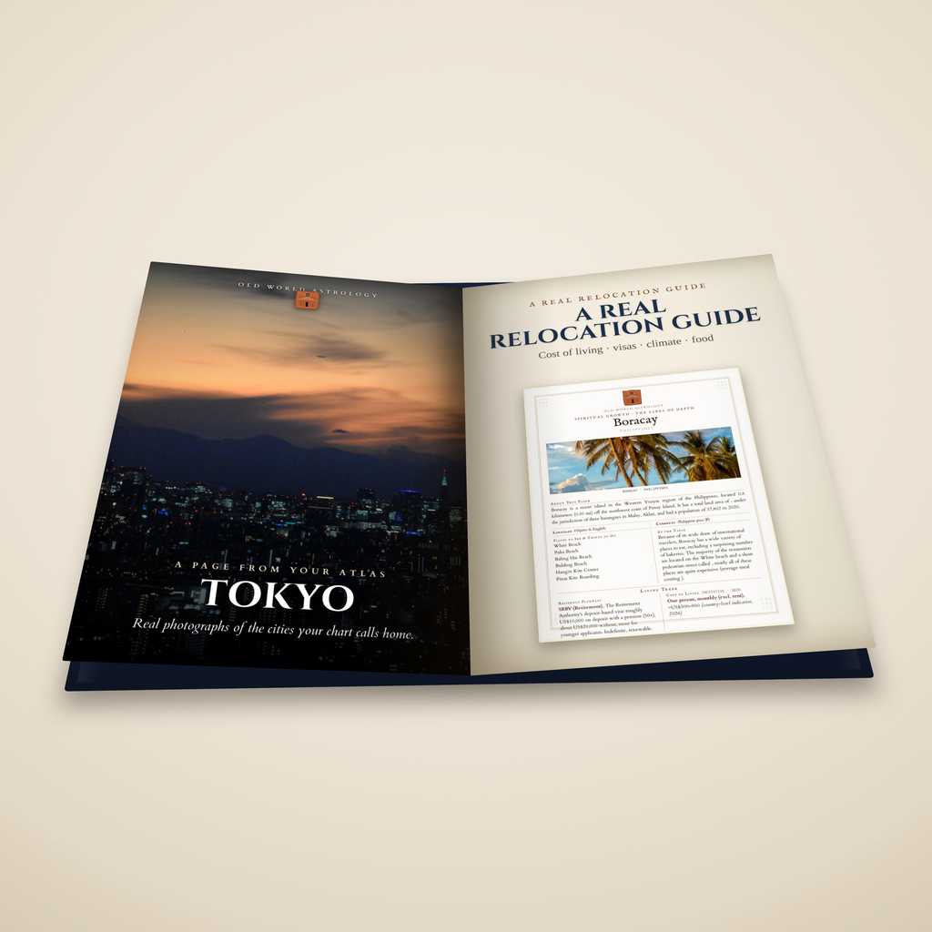 Where Your Stars Fall hardcover atlas — open book showing a two-page interior spread, a city plate and a relocation guide page