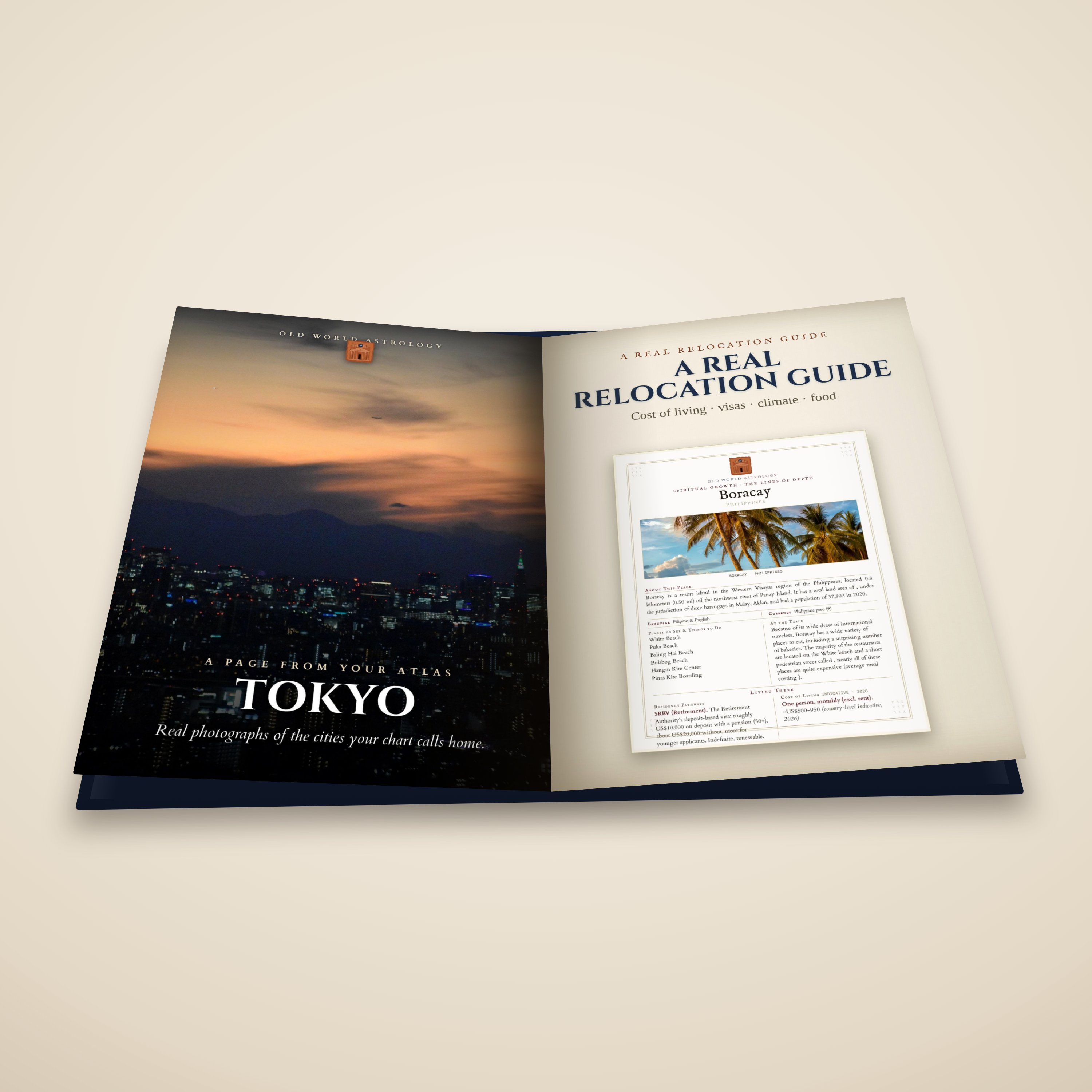 Where Your Stars Fall hardcover atlas — open book showing a two-page interior spread, a city plate and a relocation guide page