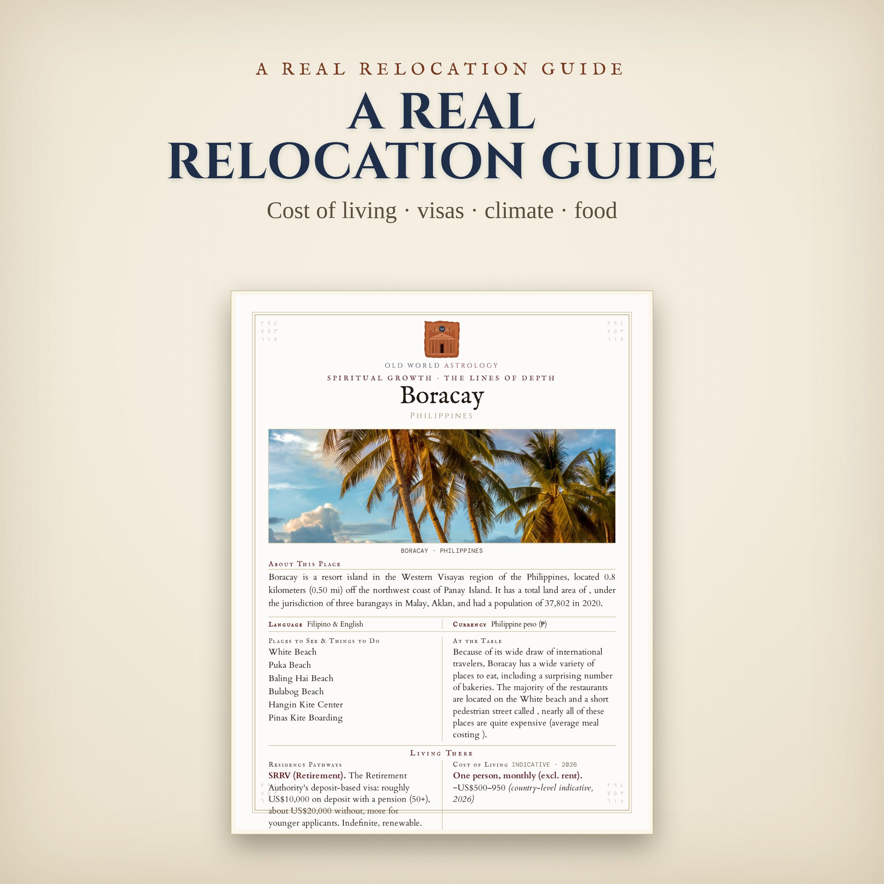 Real relocation guide page — cost of living, climate, visas
