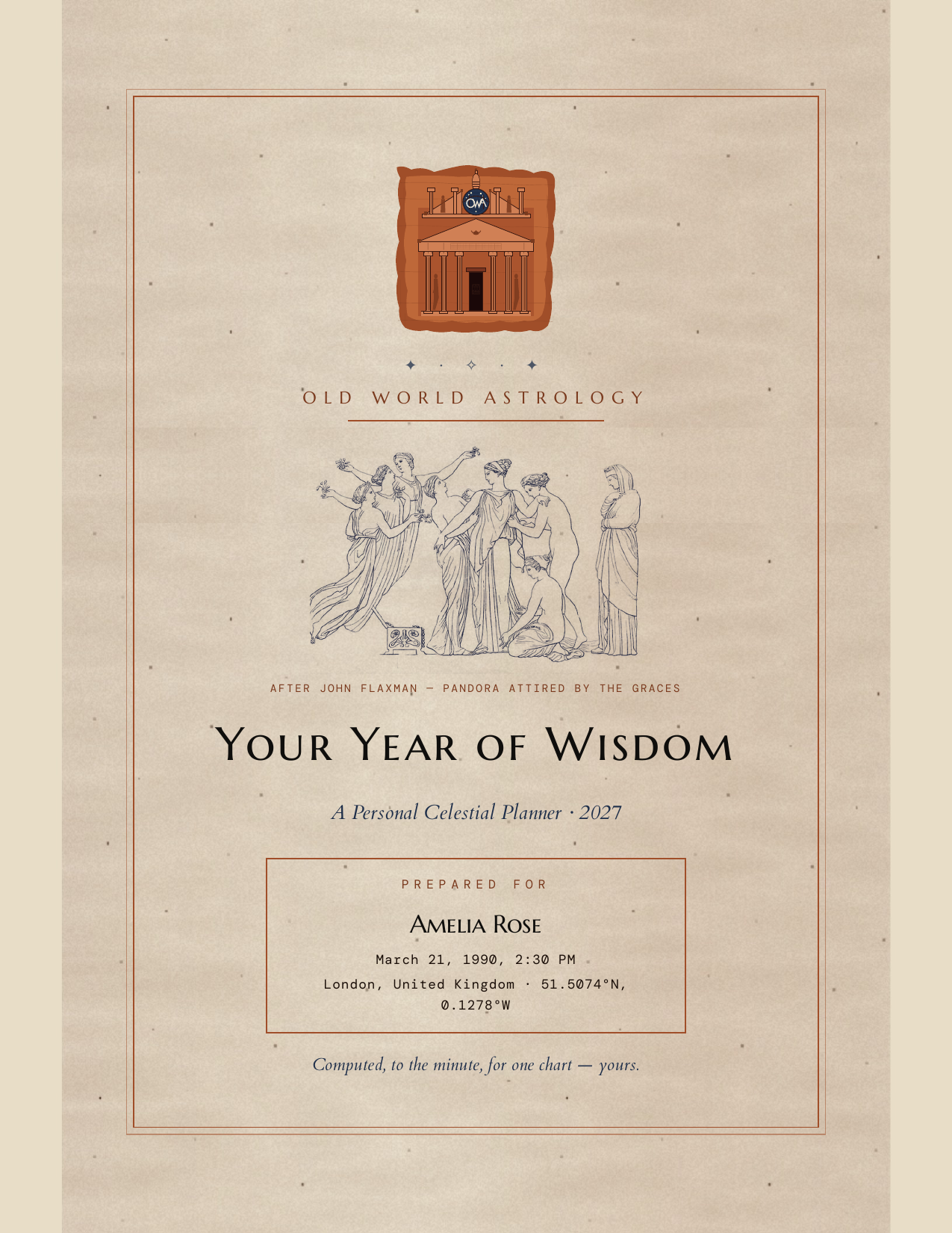 Your Year of Wisdom personalized 2027 astrology planner — front cover with Flaxman engraving on aged parchment