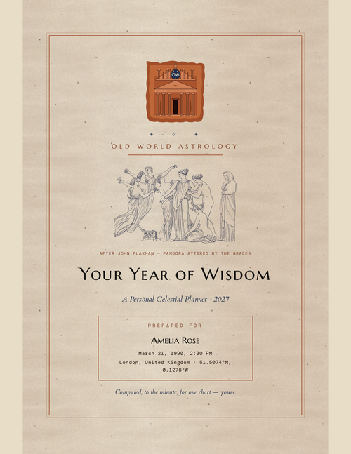 Your Year of Wisdom personalized 2027 astrology planner — front cover with Flaxman engraving on aged parchment