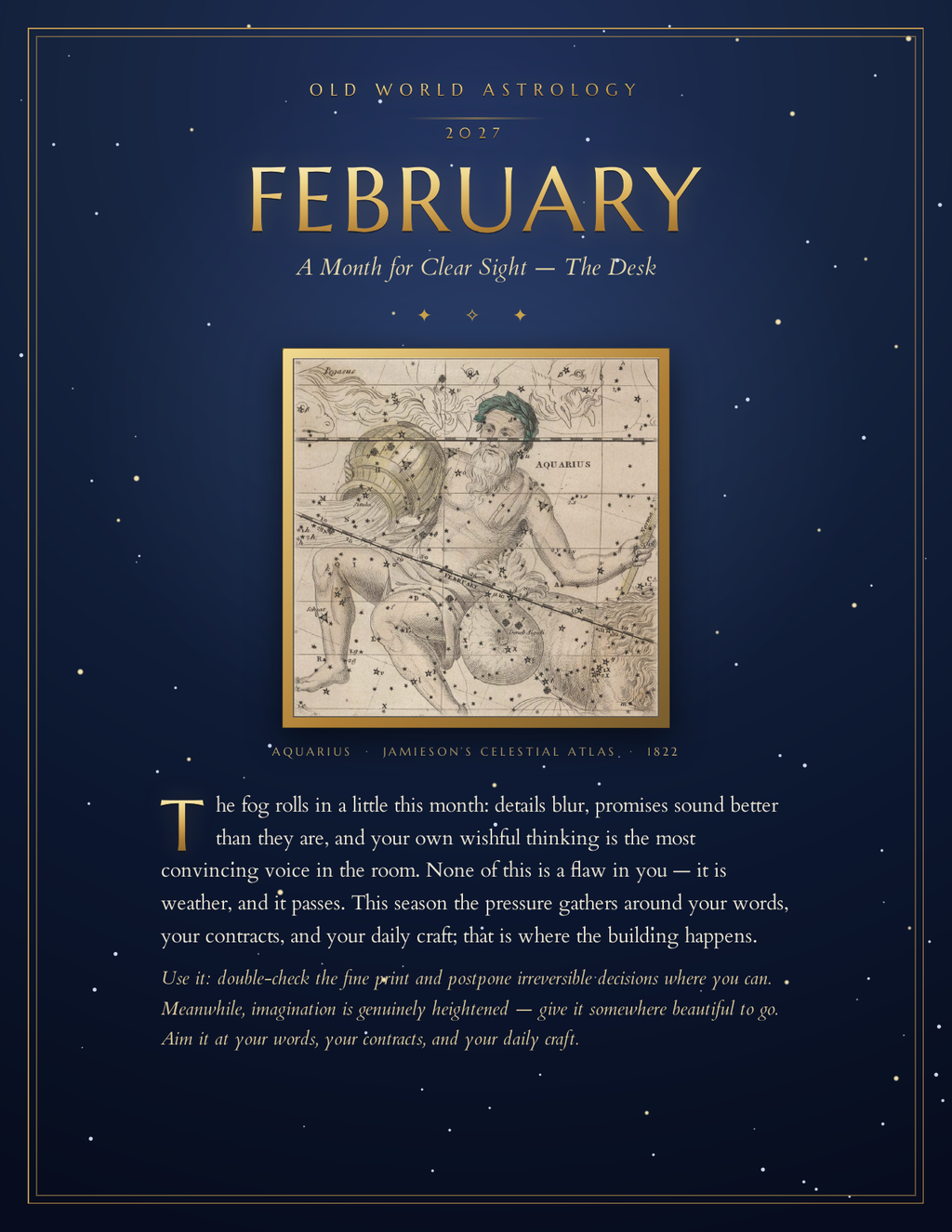 Illuminated monthly title page — gold lettering on a midnight celestial sky with a hand-colored 1822 constellation plate