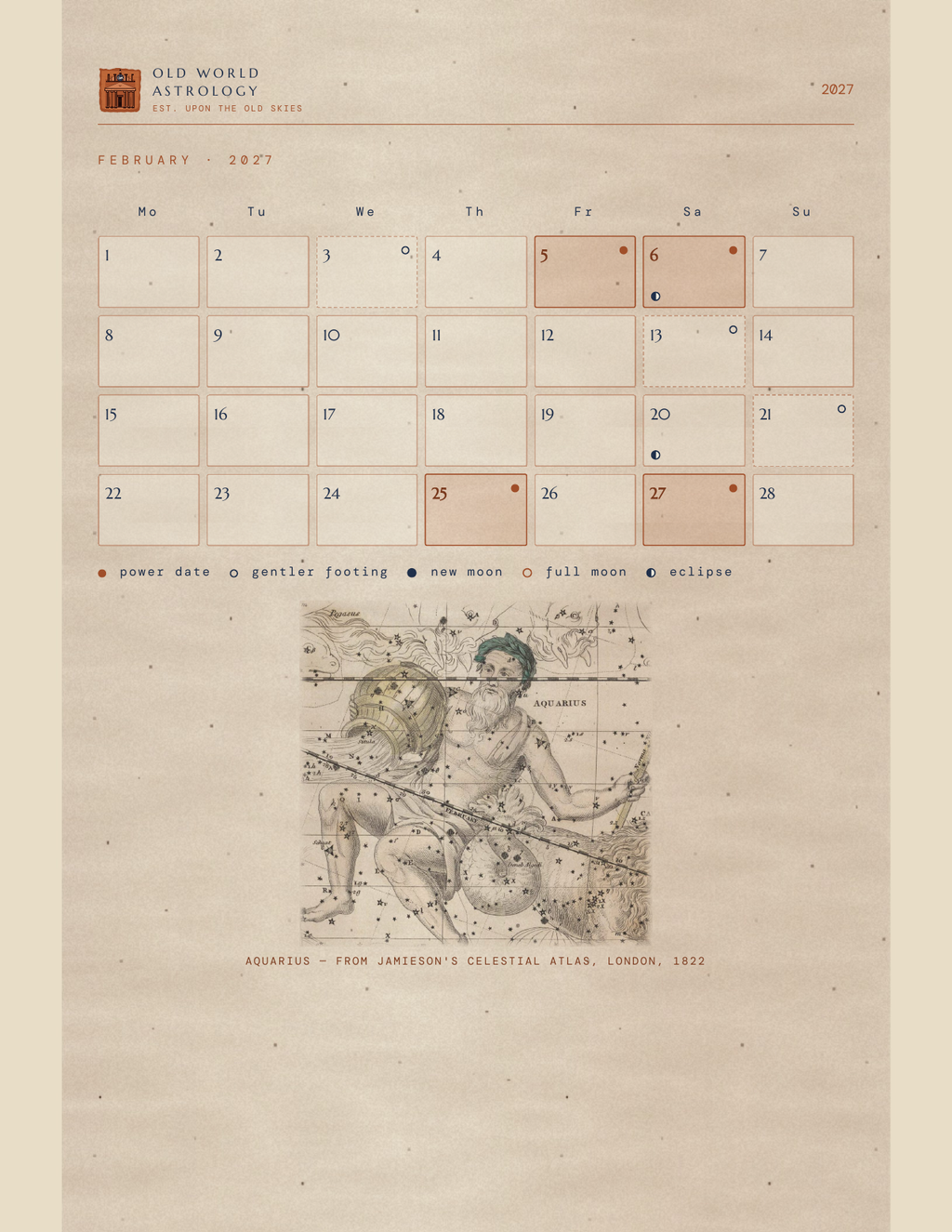 Monthly planner calendar with personalized power dates, lunar marks, and an authentic Jamieson 1822 celestial atlas plate