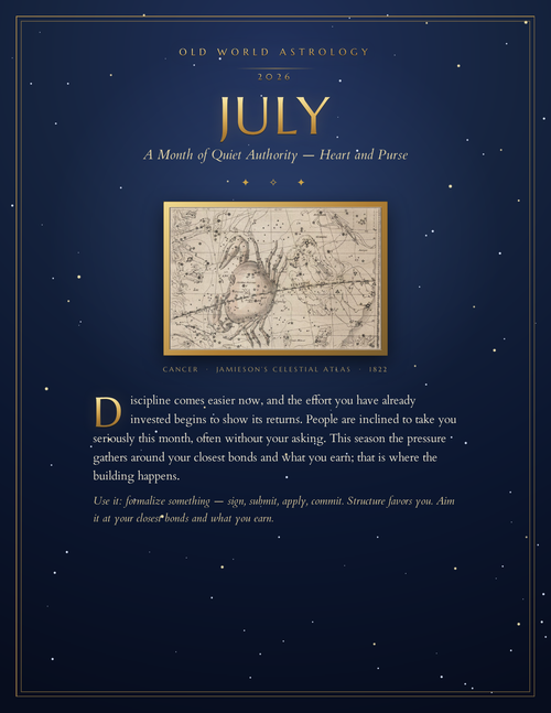 July 2026 illuminated month-opener — the planner begins this month and runs eighteen months through December 2027