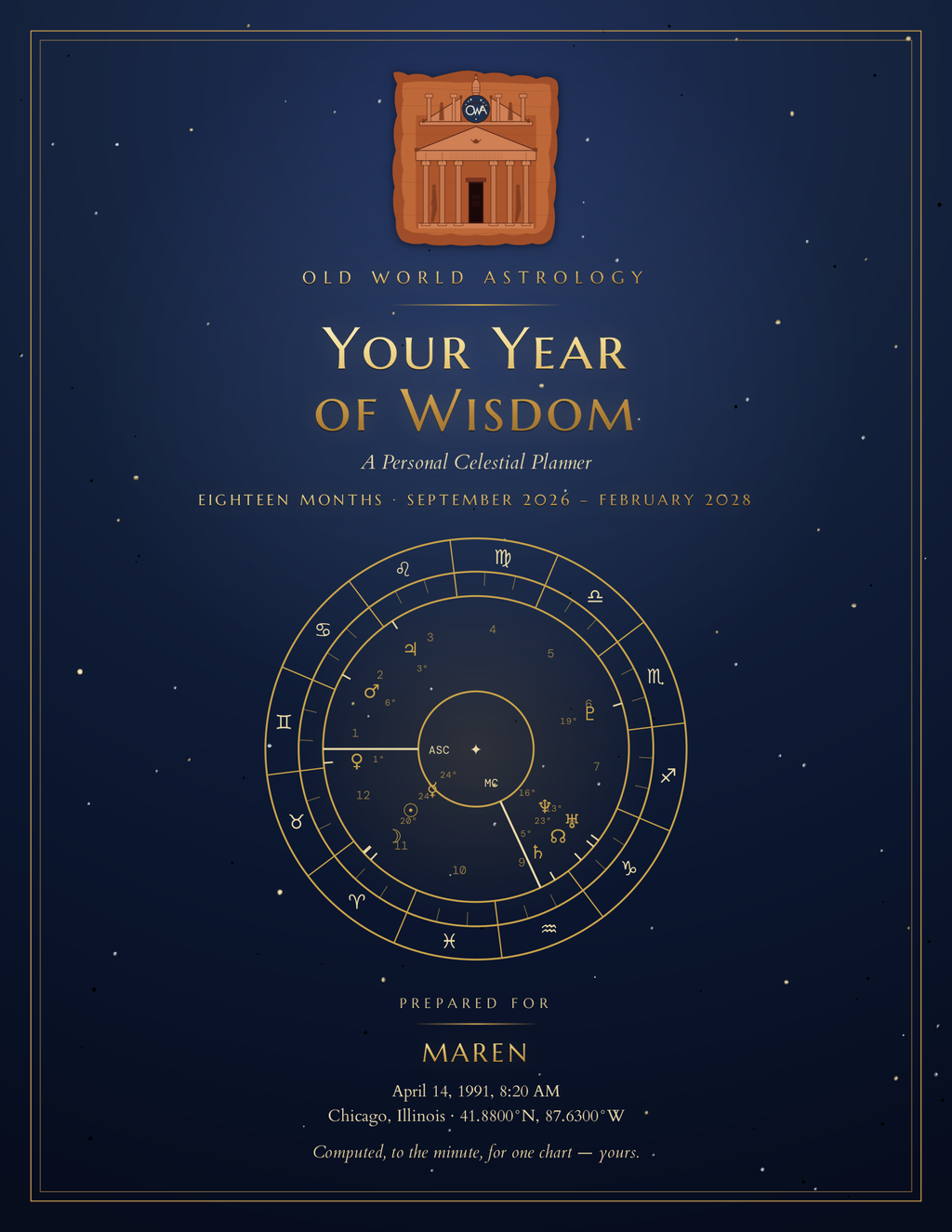 The illuminated cover — your own natal wheel in gold on a midnight starfield, computed from your birth moment