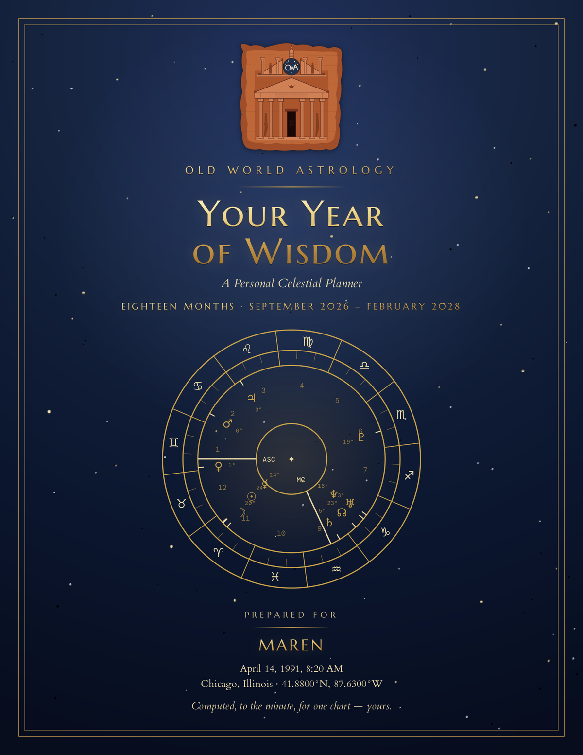 The illuminated cover — your own natal wheel in gold on a midnight starfield, computed from your birth moment