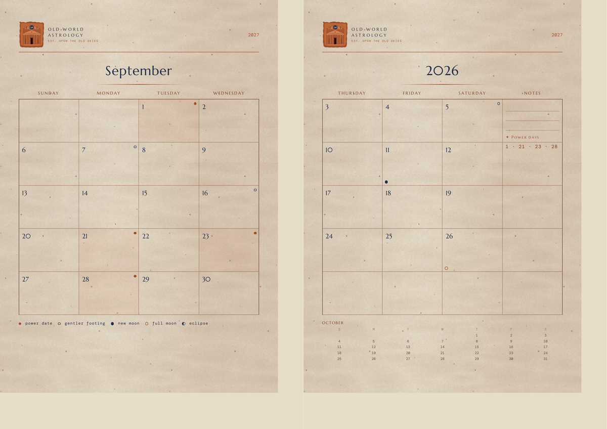 The two-page writable month spread — power dates, moons and eclipses marked on the days they fall