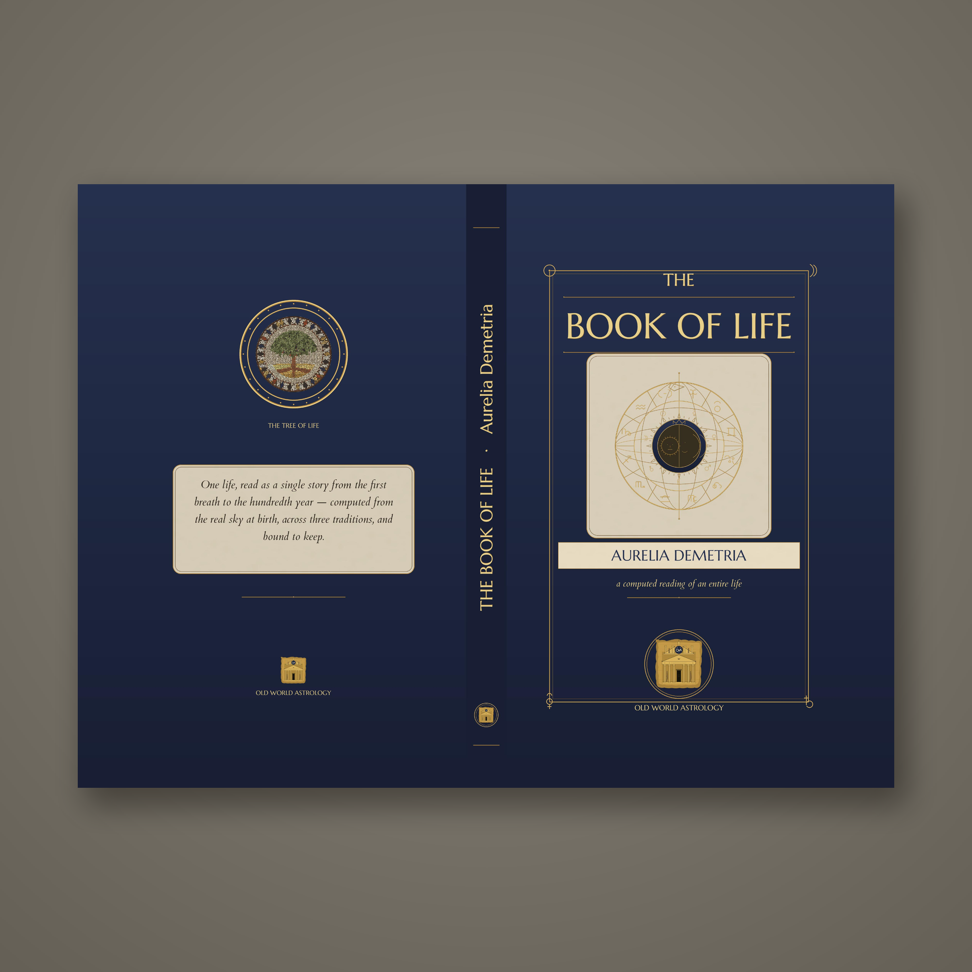 The dust jacket that prints — back Tree of Life, spine, front sun (LIBER VITAE)
